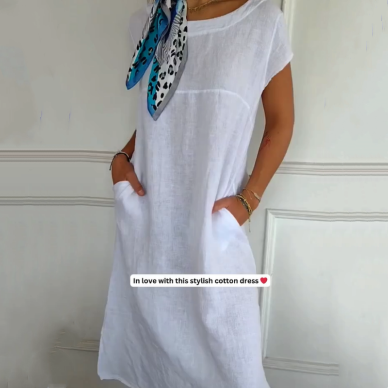 🌼Rochie din in pentru femei cu gât rotund și mâneci scurte-2