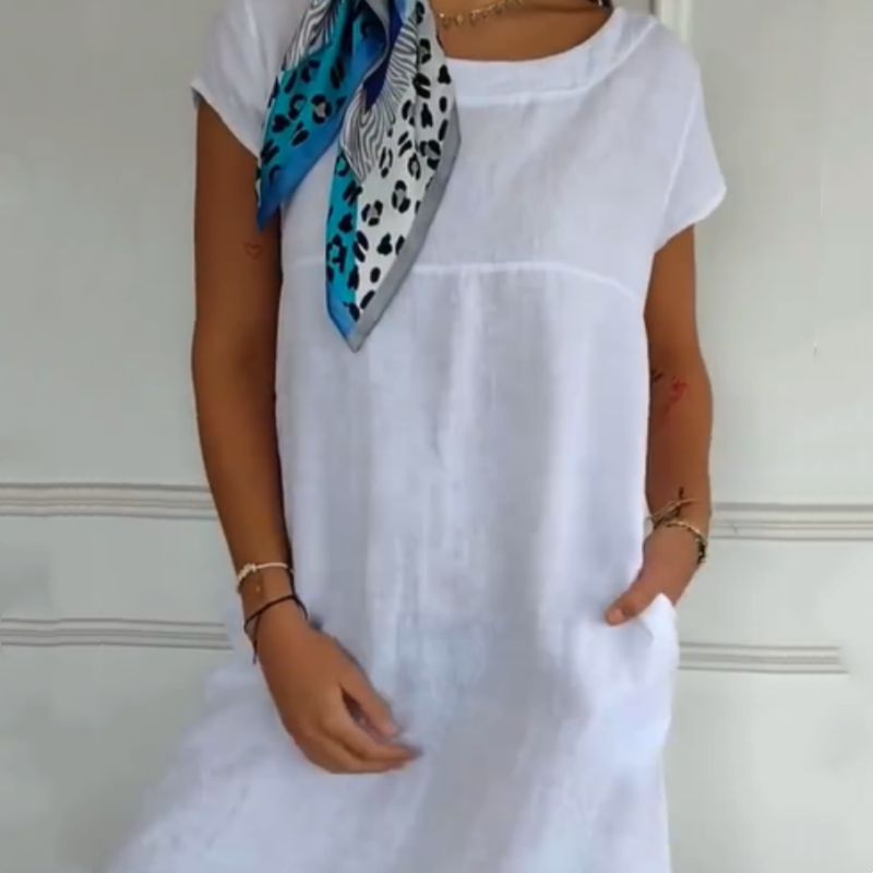 🌼Rochie din in pentru femei cu gât rotund și mâneci scurte-1