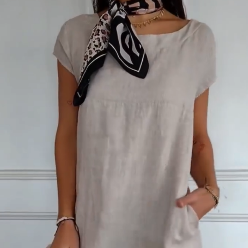 🌼Rochie din in pentru femei cu gât rotund și mâneci scurte-6