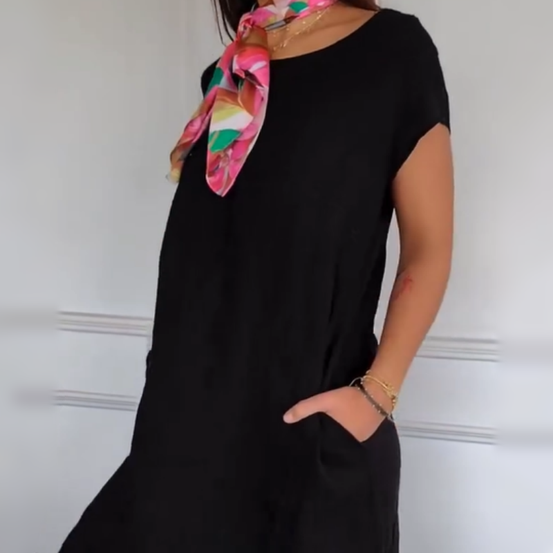🌼Rochie din in pentru femei cu gât rotund și mâneci scurte-7
