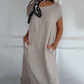 🌼Rochie din in pentru femei cu gât rotund și mâneci scurte-5