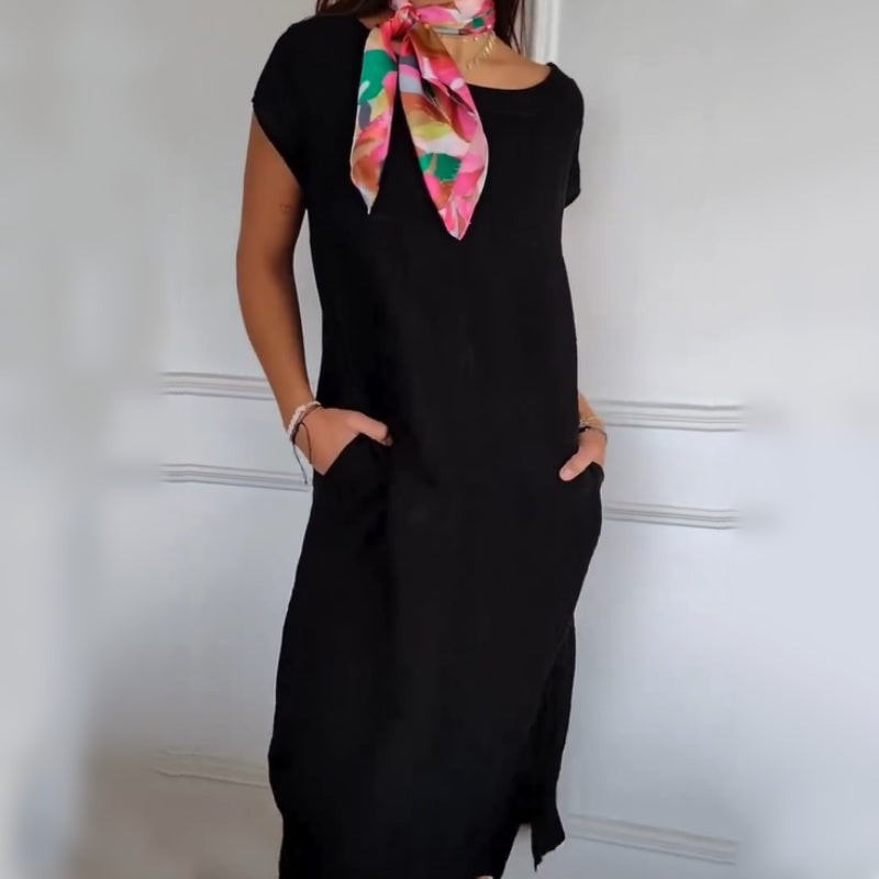 🌼Rochie din in pentru femei cu gât rotund și mâneci scurte-8