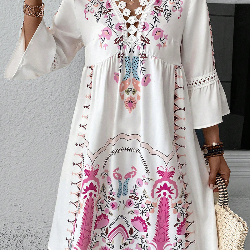 Rochie imprimată cu gât în V și accente de dantelă-2