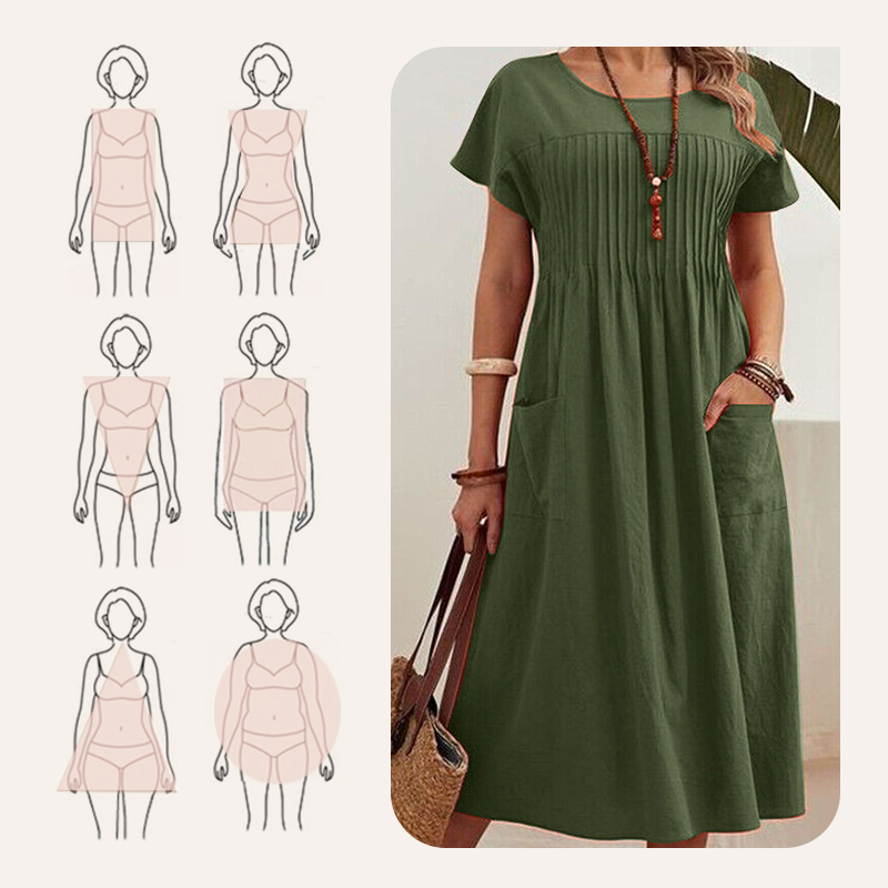👗【S-4XL】Rochie plisată pentru femei cu mâneci scurte și buzunare-6