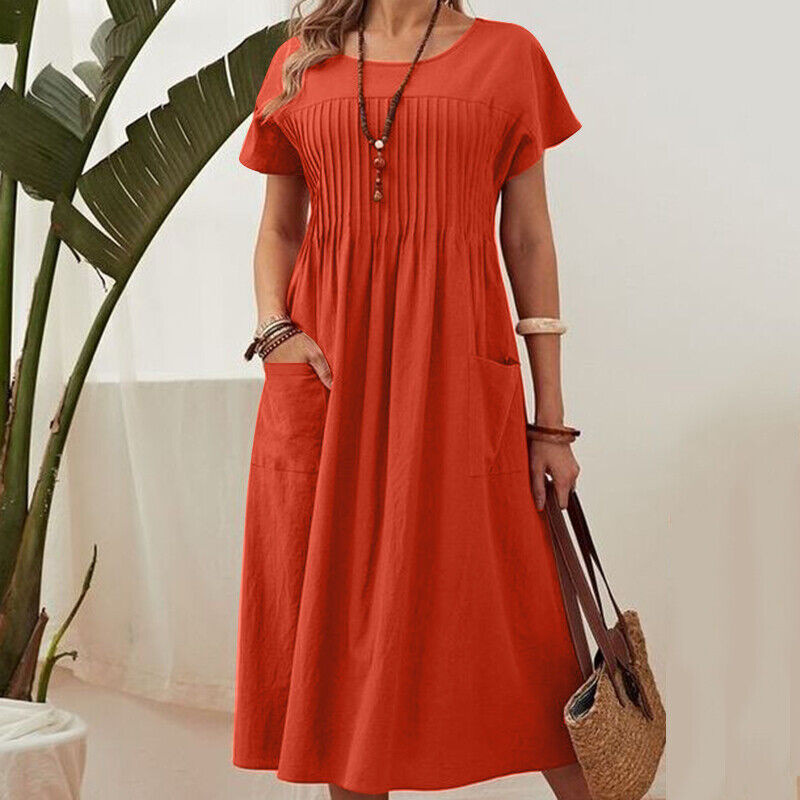 👗【S-4XL】Rochie plisată pentru femei cu mâneci scurte și buzunare-3