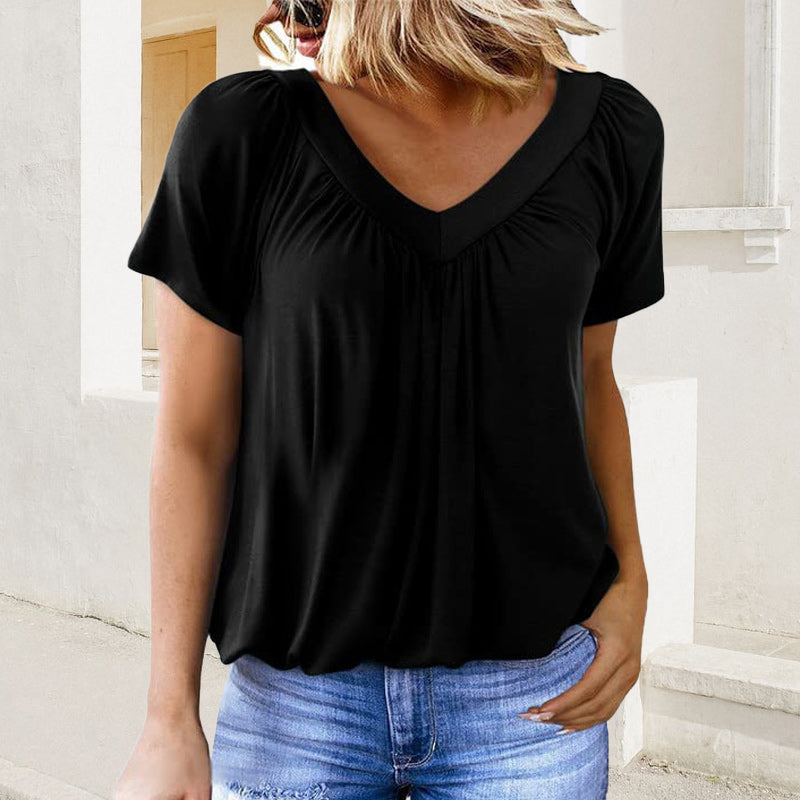 💖 V-Neck Casual plisat cu mânecă scurtă Top-4