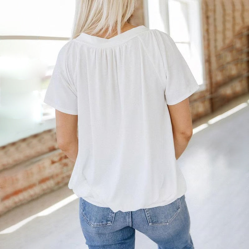 💖 V-Neck Casual plisat cu mânecă scurtă Top-6