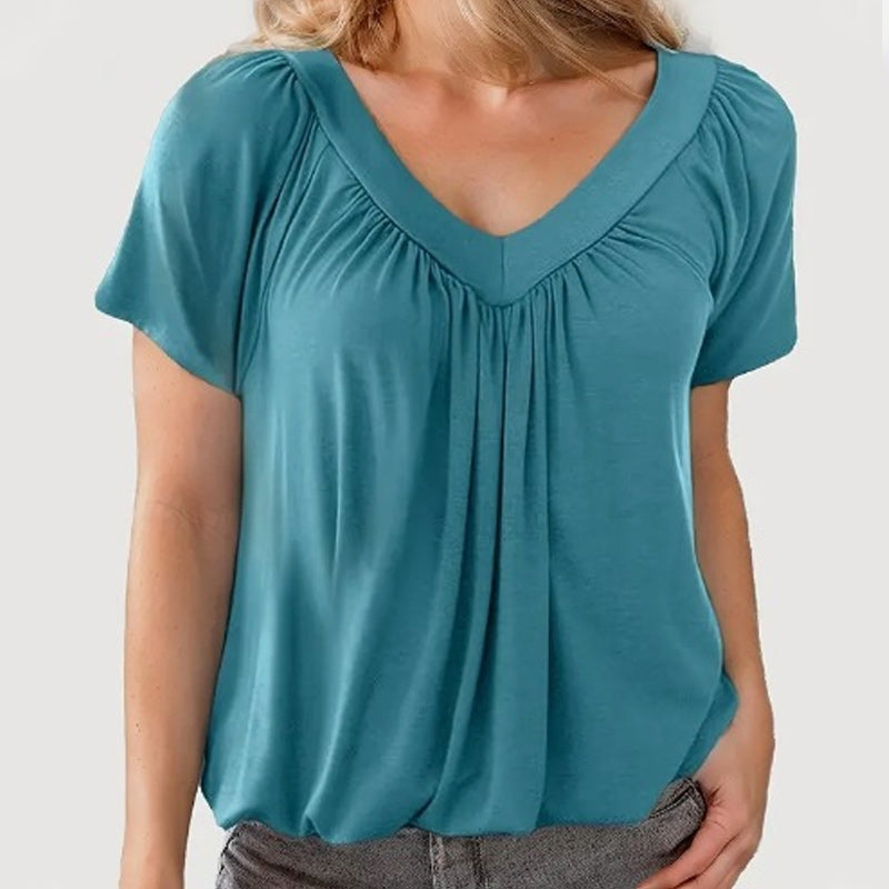 💖 V-Neck Casual plisat cu mânecă scurtă Top-2