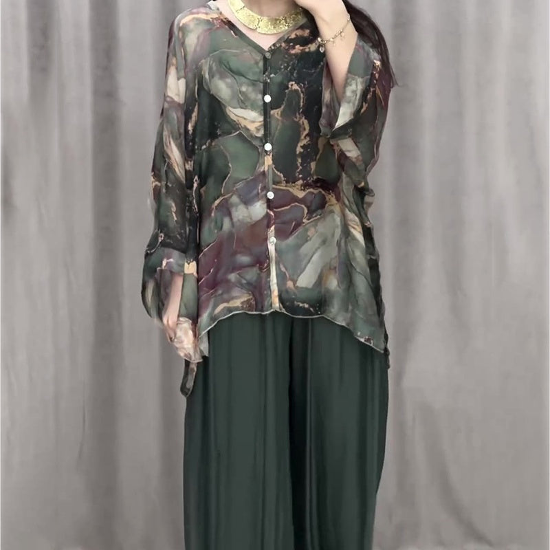 🌺Top imprimat cu mânecă lungă + pantaloni (set din două piese)-1