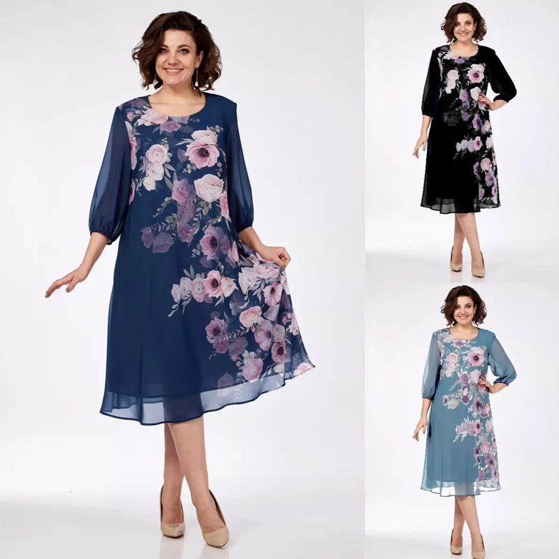 🎁🌸Elegant florale imprimare rotund gât rochii de femei-3