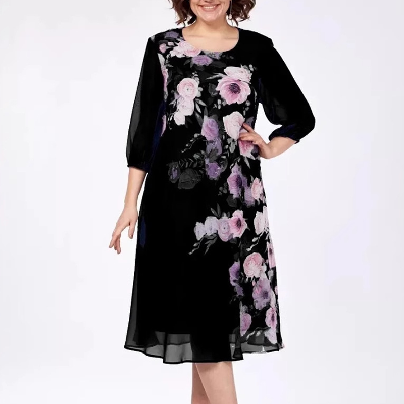🎁🌸Elegant florale imprimare rotund gât rochii de femei-11