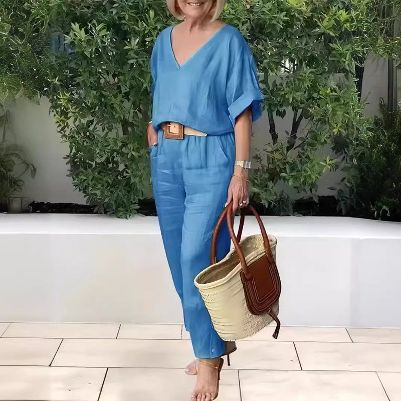 Bluză largă cu decolteu în V și pantaloni cu buzunare-3