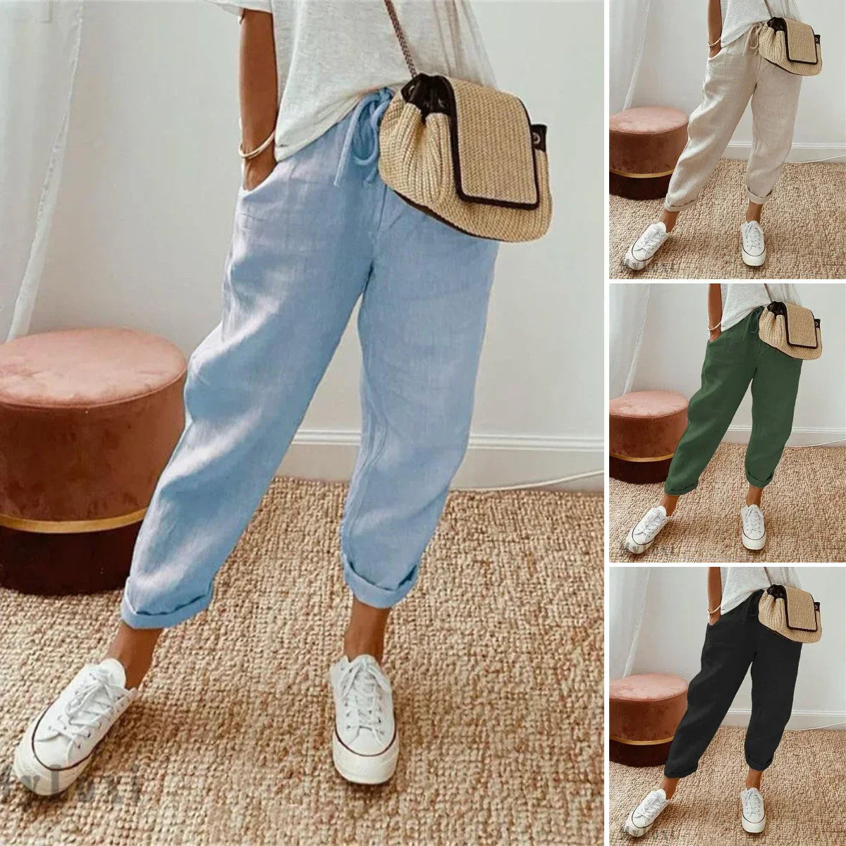 💓Pantaloni casual din bumbac și in pentru femei👖-16
