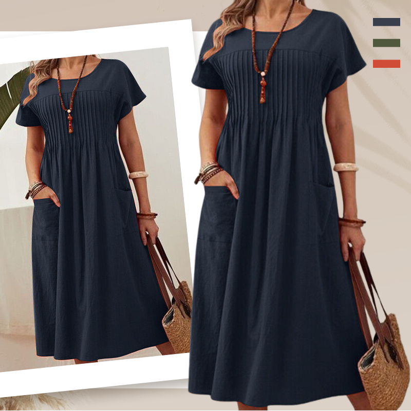 👗【S-4XL】Rochie plisată pentru femei cu mâneci scurte și buzunare