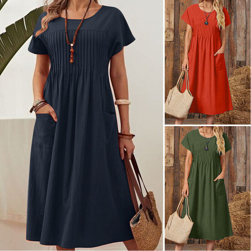 👗【S-4XL】Rochie plisată pentru femei cu mâneci scurte și buzunare-1