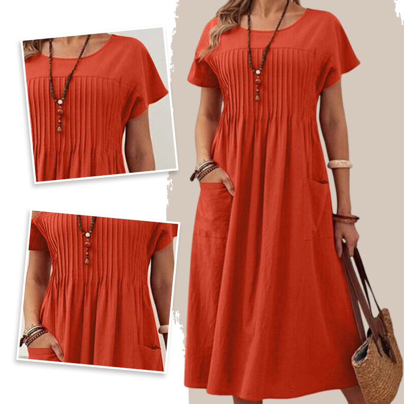 👗【S-4XL】Rochie plisată pentru femei cu mâneci scurte și buzunare-5