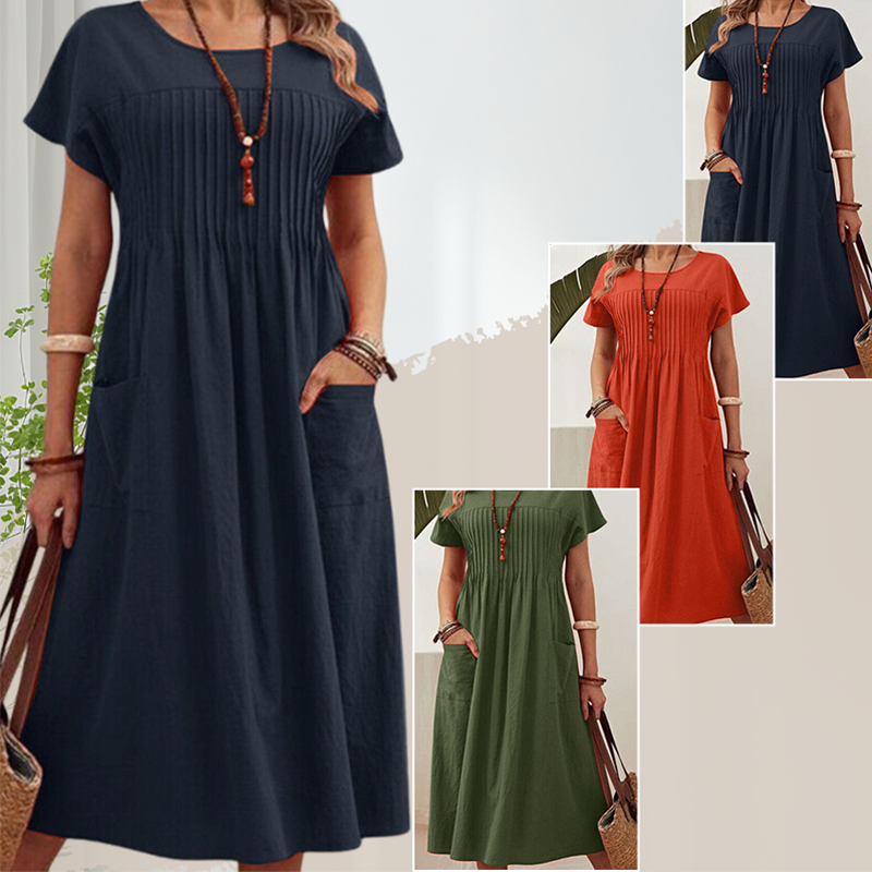 👗【S-4XL】Rochie plisată pentru femei cu mâneci scurte și buzunare-8