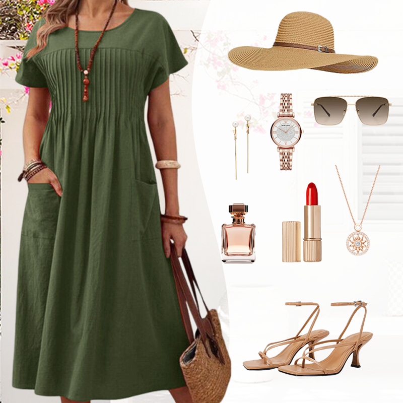 👗【S-4XL】Rochie plisată pentru femei cu mâneci scurte și buzunare-7