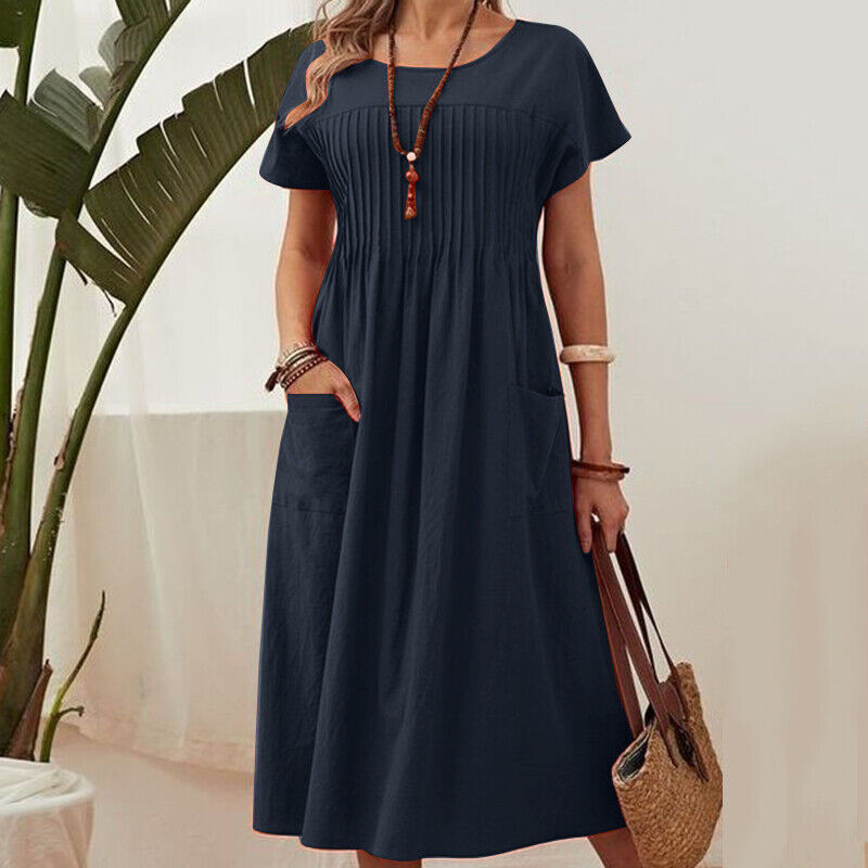 👗【S-4XL】Rochie plisată pentru femei cu mâneci scurte și buzunare-4