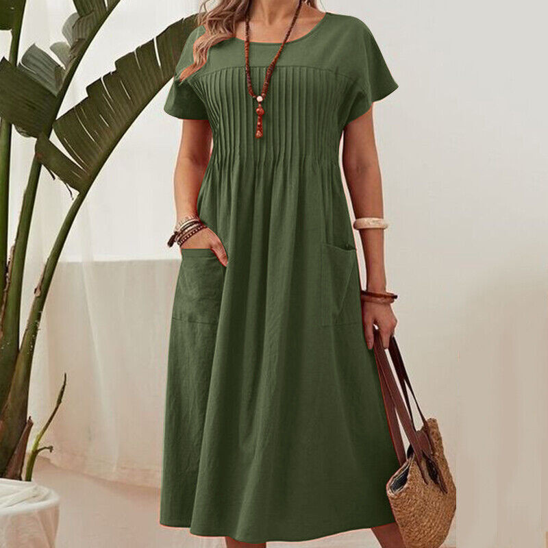 👗【S-4XL】Rochie plisată pentru femei cu mâneci scurte și buzunare-2