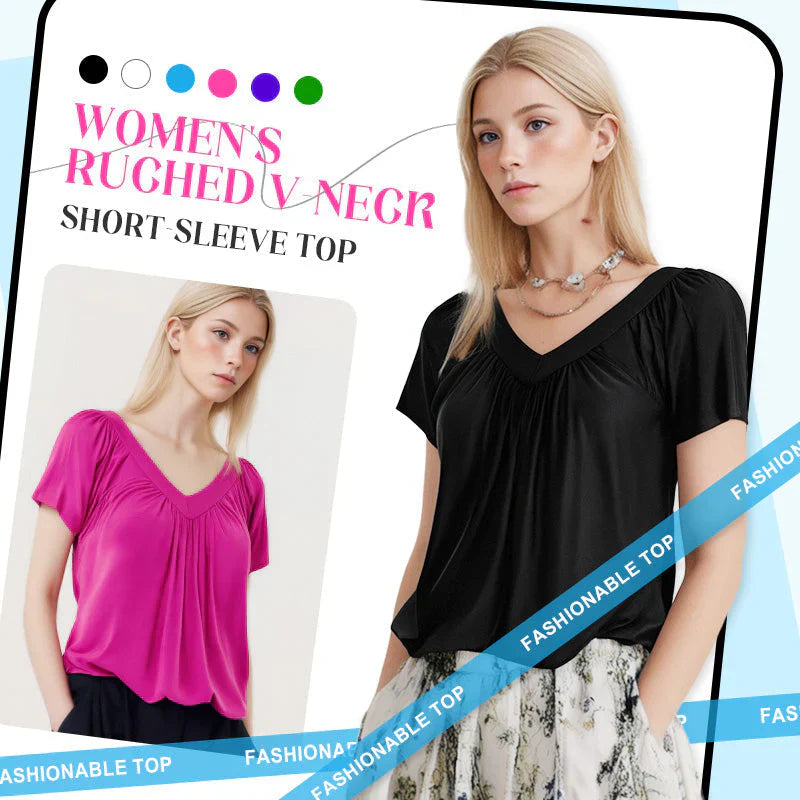 💖 V-Neck Casual plisat cu mânecă scurtă Top-5
