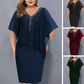 🌸Oferte Speciale de Vară 2026💐Rochie cu decolteu în V și pelerină cu strasuri, suprapusă cu șifon