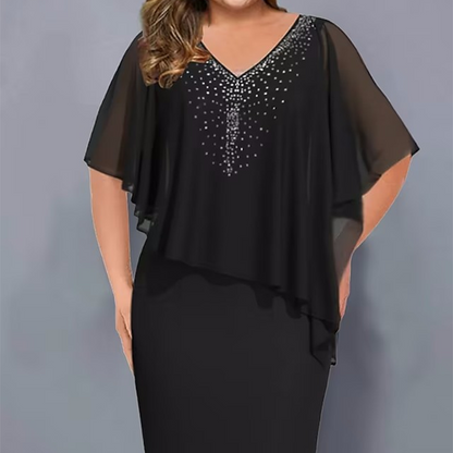 🌸Oferte Speciale de Vară 2026💐Rochie cu decolteu în V și pelerină cu strasuri, suprapusă cu șifon