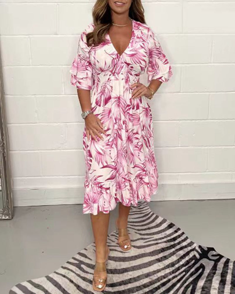 🔥Vânzare fierbinte de vară 51%OFF👗Rochie tipărită cu decolteu în V și jumătate de corp💃
