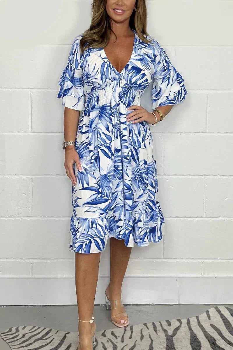 🔥Vânzare fierbinte de vară 51%OFF👗Rochie tipărită cu decolteu în V și jumătate de corp💃-1