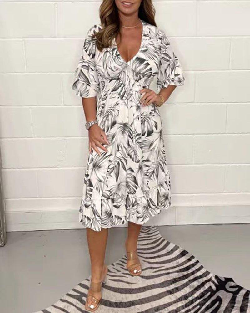 🔥Vânzare fierbinte de vară 51%OFF👗Rochie tipărită cu decolteu în V și jumătate de corp💃-4