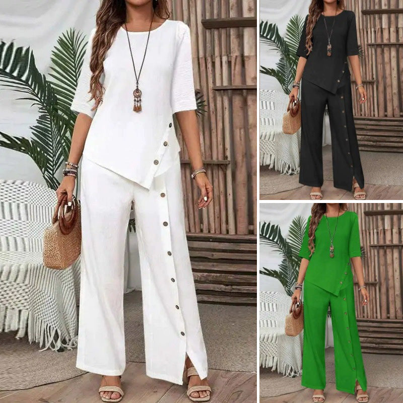 Top cu tiv neregulat pentru femei și pantaloni cu picior larg, set din două piese