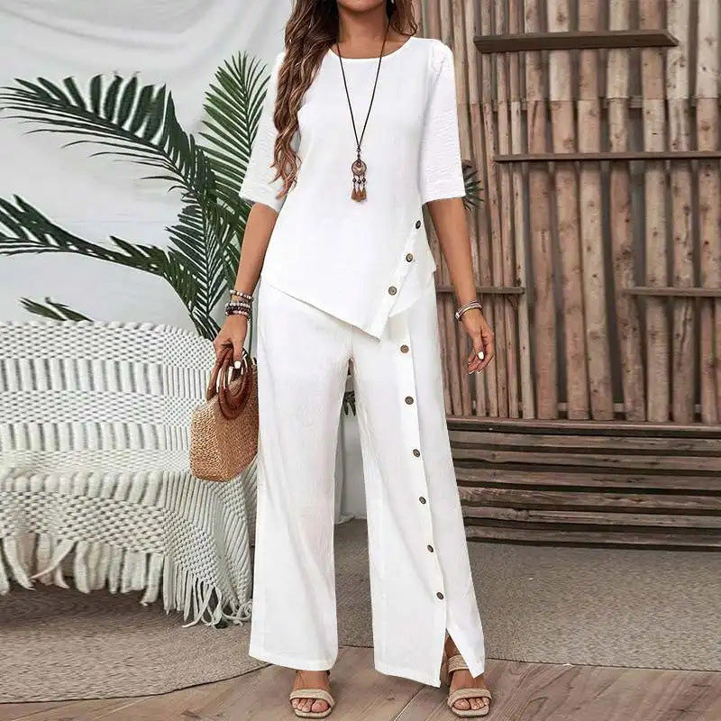 💖Top cu tiv neregulat pentru femei și pantaloni cu picior larg, set din două piese-1