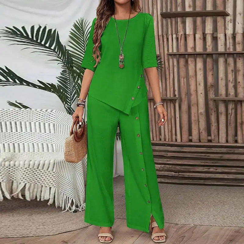 💖Top cu tiv neregulat pentru femei și pantaloni cu picior larg, set din două piese-3