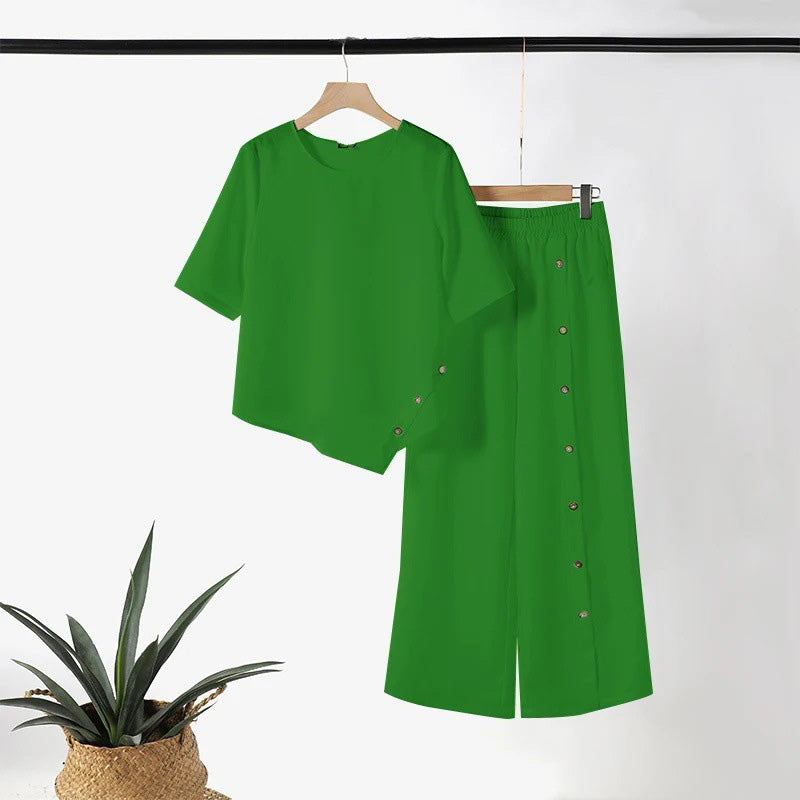 💖Top cu tiv neregulat pentru femei și pantaloni cu picior larg, set din două piese-6