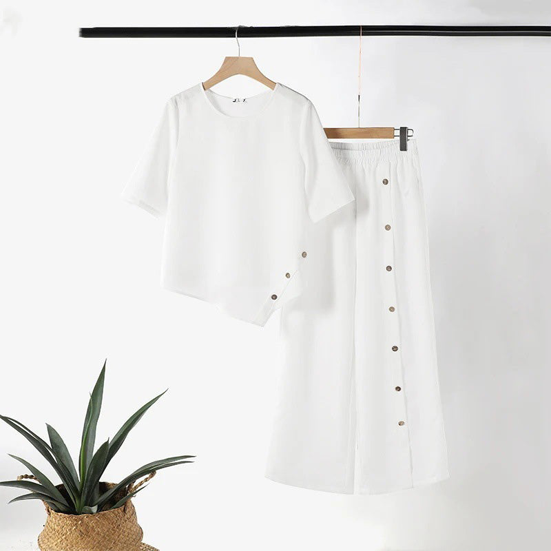 💖Top cu tiv neregulat pentru femei și pantaloni cu picior larg, set din două piese-4
