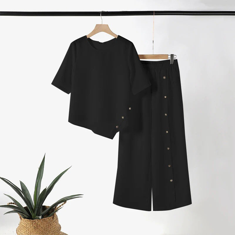💖Top cu tiv neregulat pentru femei și pantaloni cu picior larg, set din două piese-5