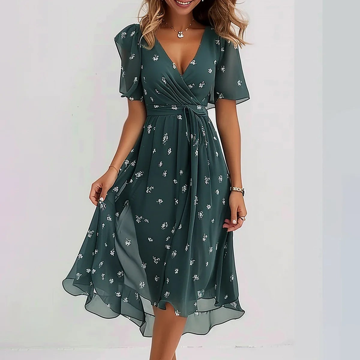 🔥 Rochie elegantă cu decolteu în V șifon imprimat✨-2