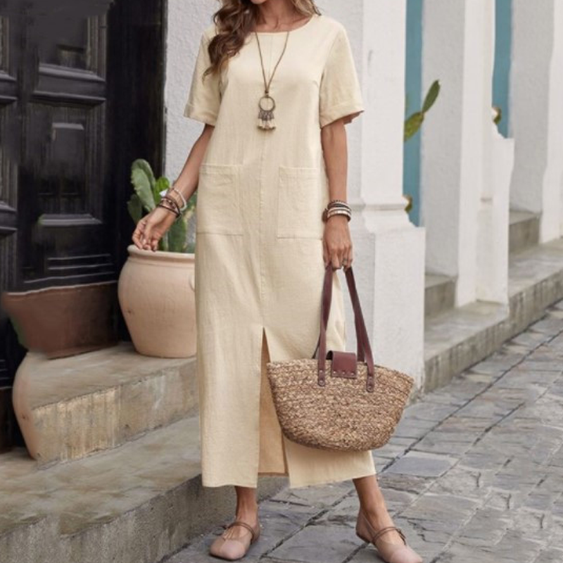 Bumbac-Lin vrac rochie cu gât rotund-1