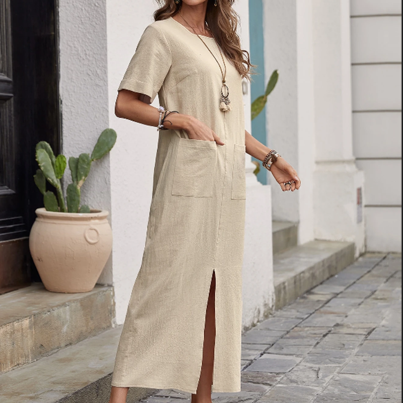 Bumbac-Lin vrac rochie cu gât rotund-2