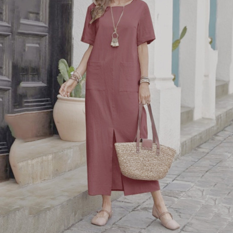 Bumbac-Lin vrac rochie cu gât rotund-6