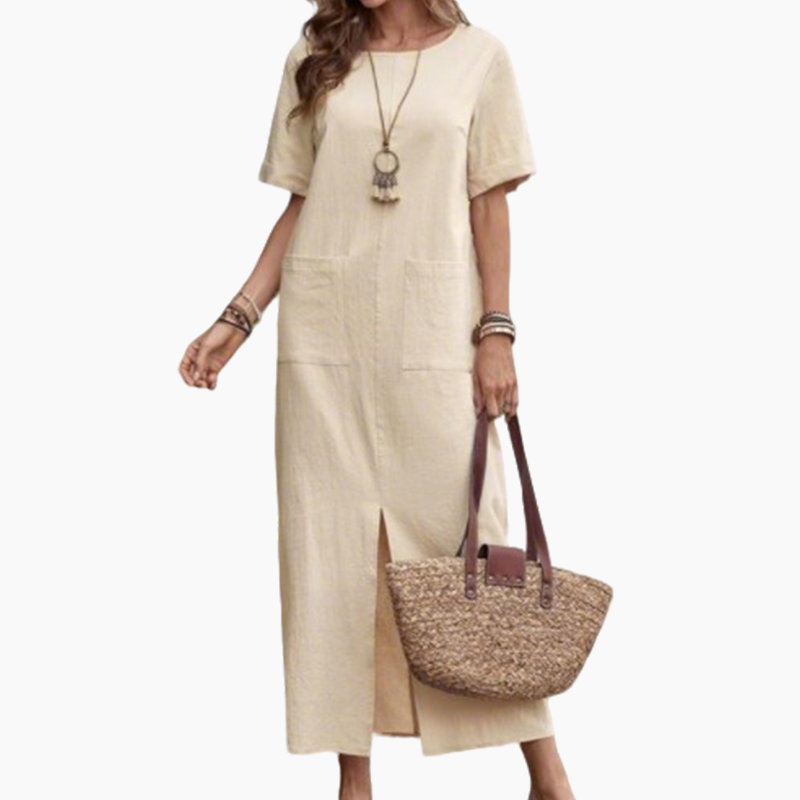 Bumbac-Lin vrac rochie cu gât rotund-8