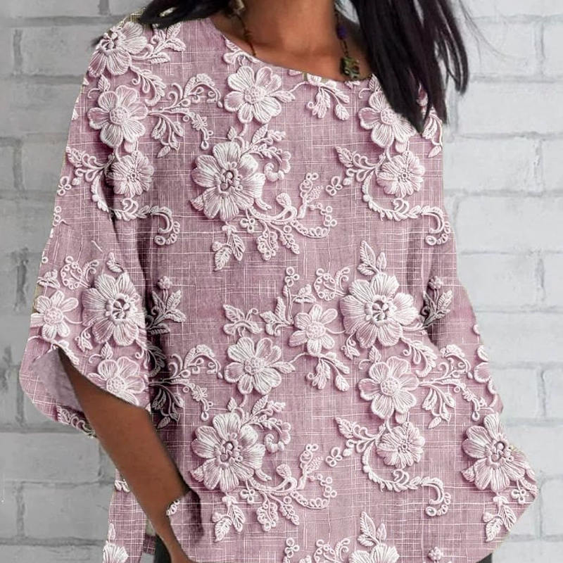 Tricou lejer cu mâneci 3/4 cu imprimeu floral 3D-2