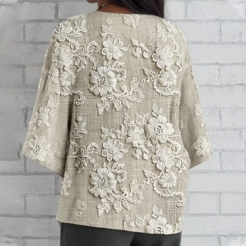 Tricou lejer cu mâneci 3/4 cu imprimeu floral 3D-3