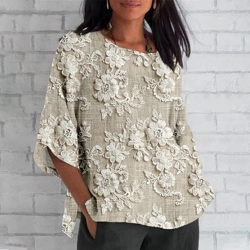 Tricou lejer cu mâneci 3/4 cu imprimeu floral 3D-6