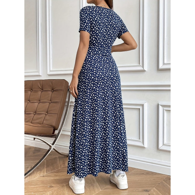 Rochie maxi casual cu decolteu V cu model floral pentru femei-1