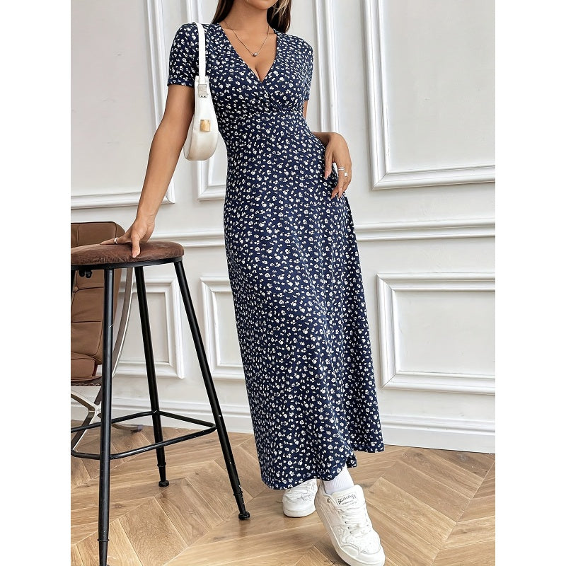 Rochie maxi casual cu decolteu V cu model floral pentru femei-2