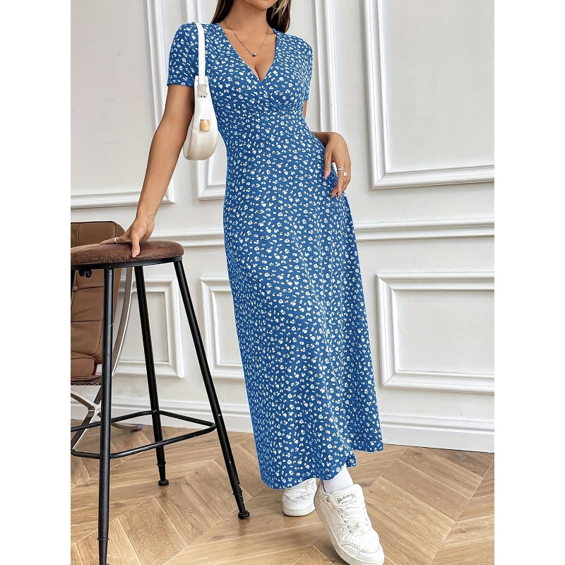 Rochie maxi casual cu decolteu V cu model floral pentru femei-3