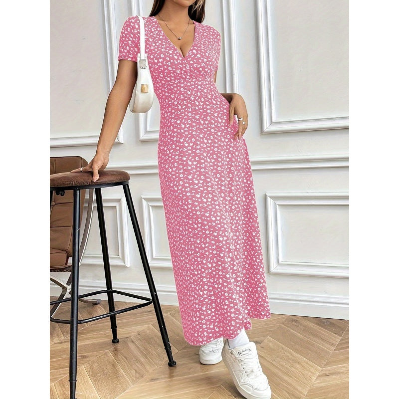 Rochie maxi casual cu decolteu V cu model floral pentru femei-4