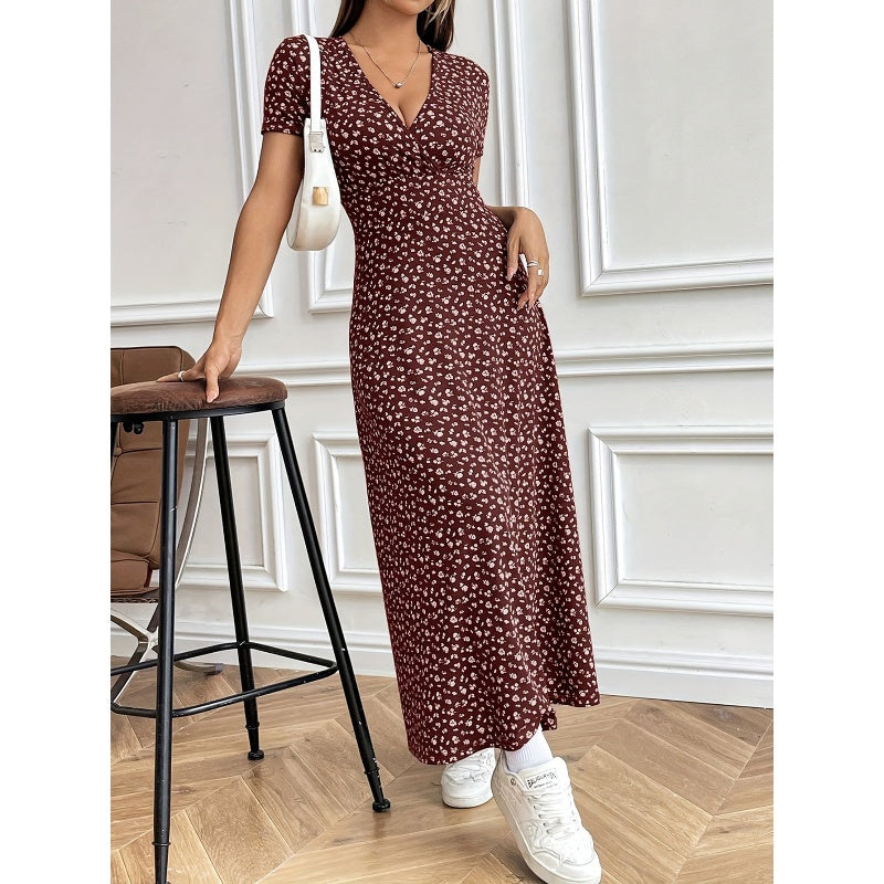 Rochie maxi casual cu decolteu V cu model floral pentru femei-6