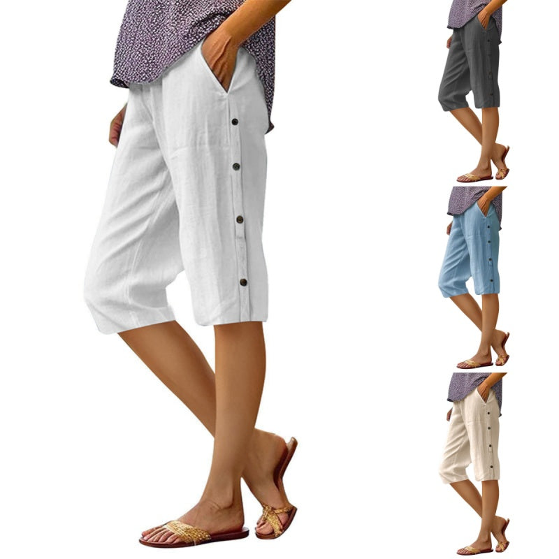 Pantaloni scurți casual din bumbac și in pentru femei-1